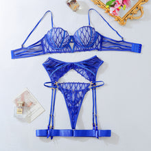 Cargar imagen en el visor de la galería, Zafiro Dorado – Set con Liguero, Aberturas y Detalles Dorados