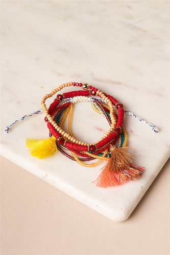 Multi Burgundy – Set de Pulseras Artesanales con Borlas